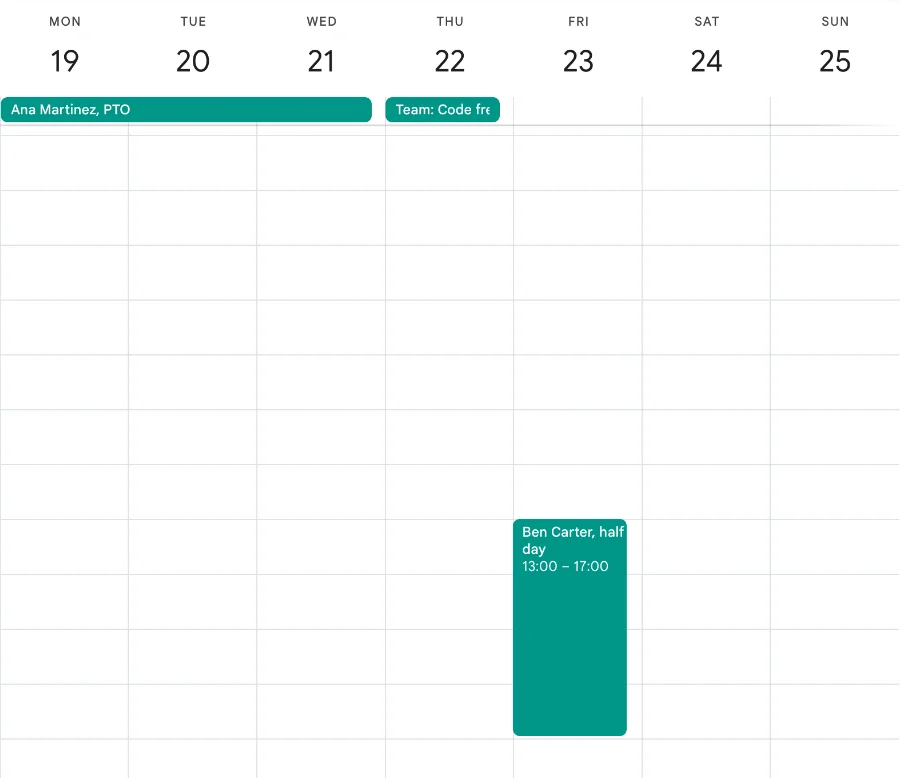 Google Calendar week view for October 19 to 25 with only the Team time off calendar shown: an all-day Ana Martinez, PTO bar across Monday to Wednesday, a Team: Code freeze bar on Thursday, and a Ben Carter, half day block on Friday afternoon.