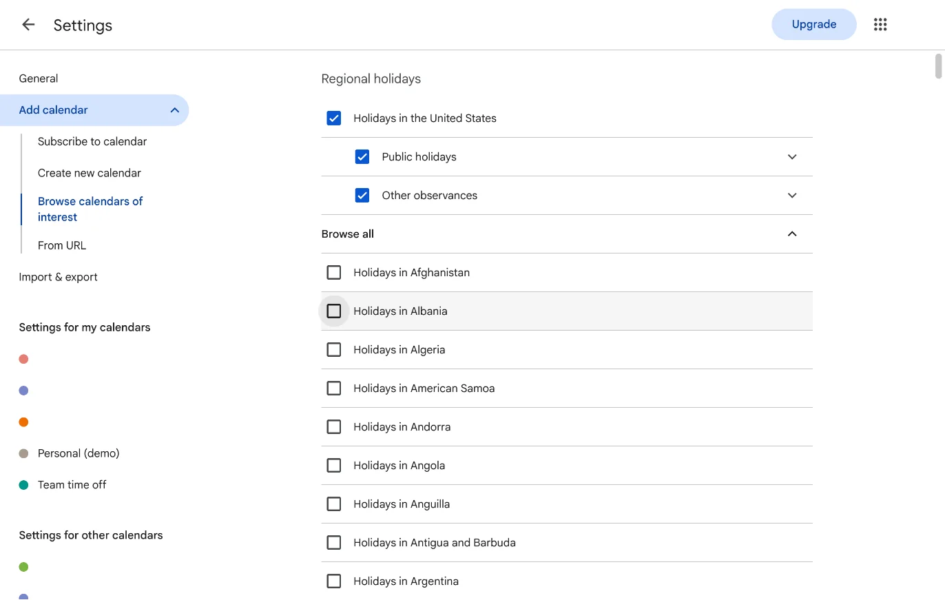 Google Calendar settings, Add calendar, Browse calendars of interest, with Holidays in the United States ticked under Regional holidays and its two sub-options, Public holidays and Other observances, both ticked.