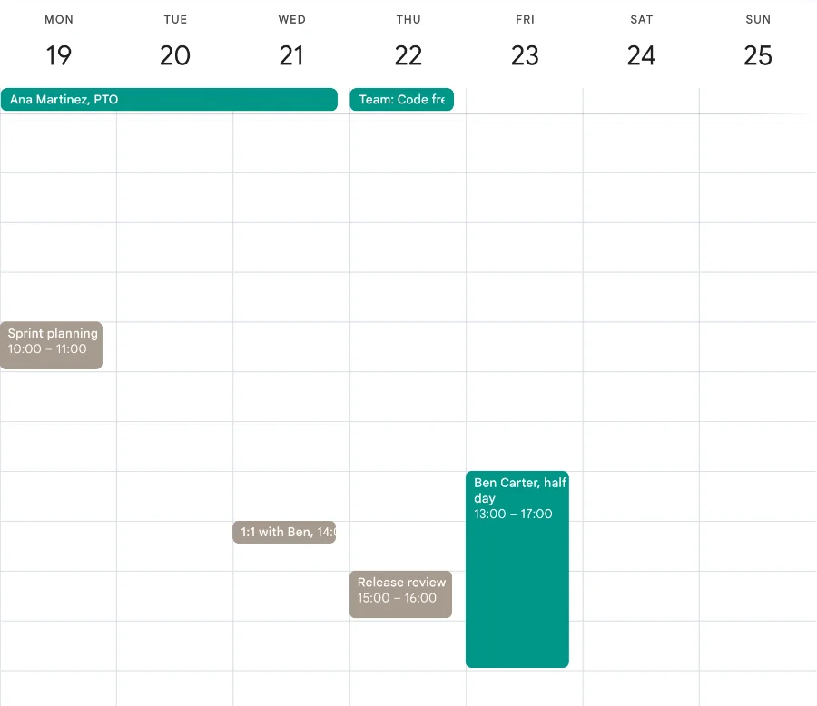 Google Calendar week view with a personal calendar and the Team time off calendar shown together: the team's Ana Martinez, PTO and Team: Code freeze bars along the top in teal, Ben Carter's half-day block on Friday afternoon, and the viewer's own Sprint planning, 1:1 with Ben and Release review meetings in grey.