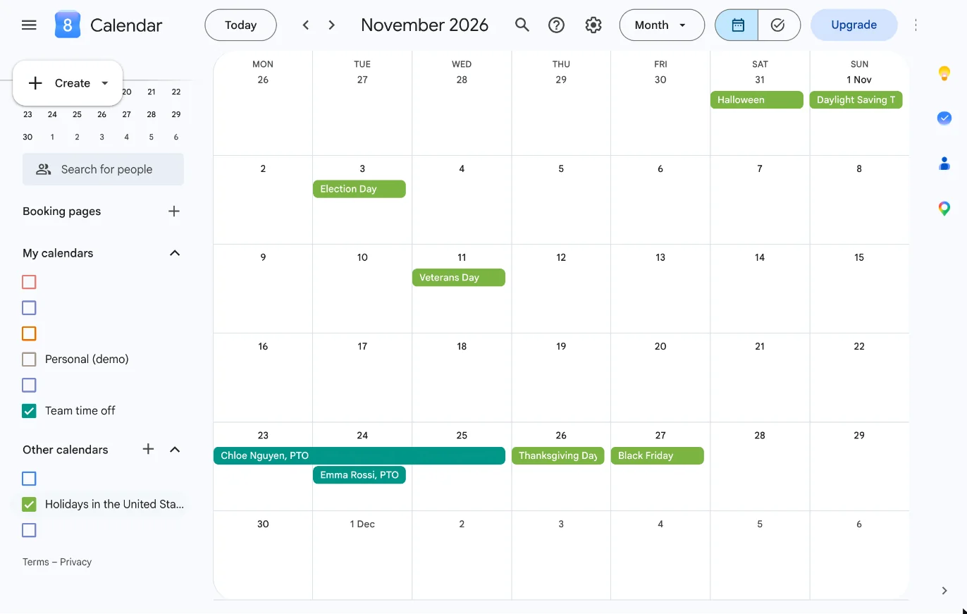 Google Calendar month view for November 2026 with Thanksgiving Day and Black Friday in green from the holidays calendar, and Chloe Nguyen, PTO and Emma Rossi, PTO in teal from the Team time off calendar in the same week.