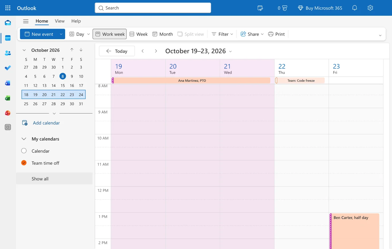 Outlook on the web in Work week view, October 19 to 23, 2026, showing only the Team time off calendar: an all-day bar “Ana Martinez, PTO” across Monday to Wednesday, an all-day “Team: Code freeze” on Thursday, and “Ben Carter, half day” from 1 PM on Friday.