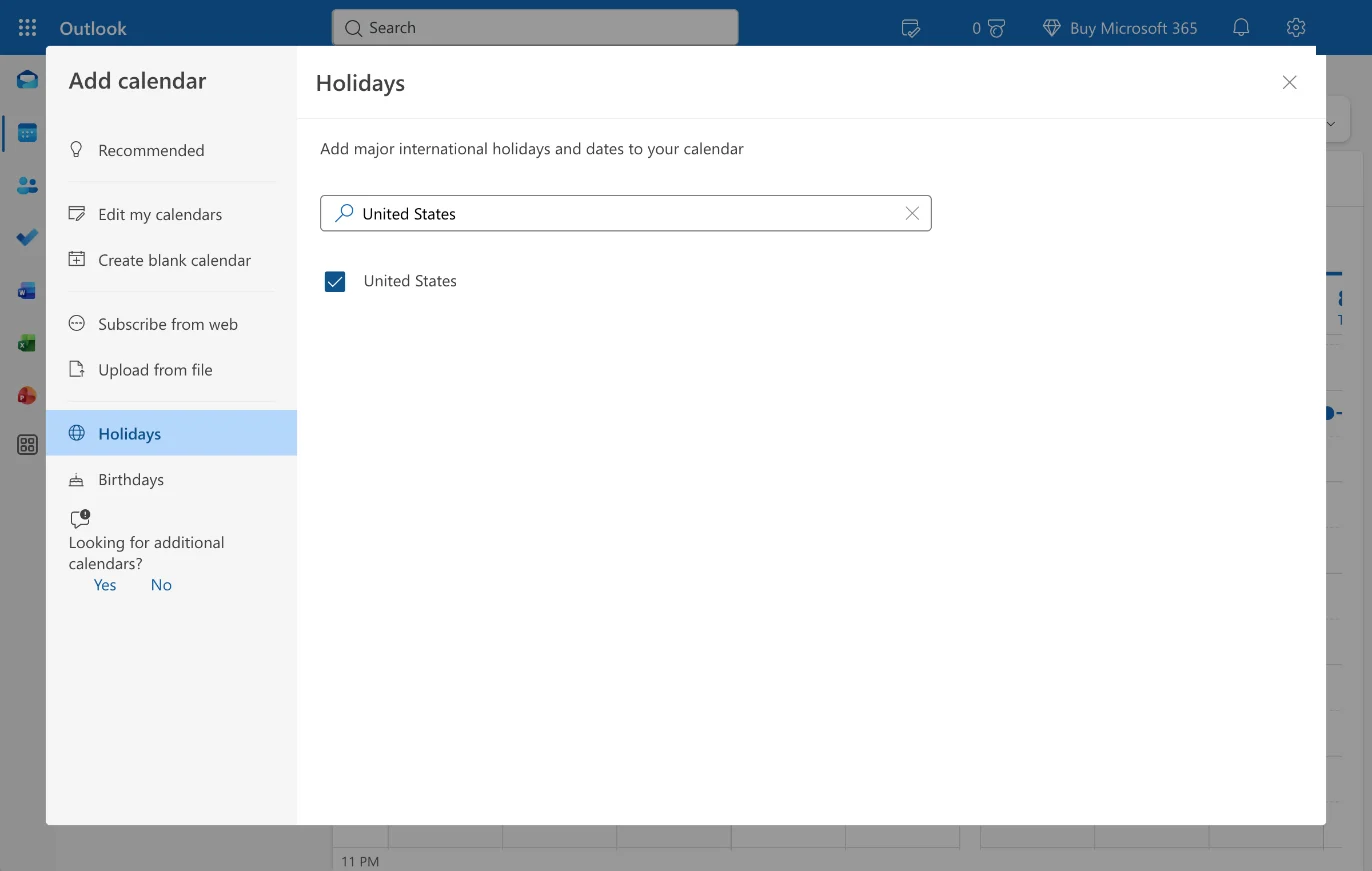 The Add calendar dialog in Outlook on the web with Holidays selected in the left list, “United States” typed in the filter box, and the United States checkbox ticked.