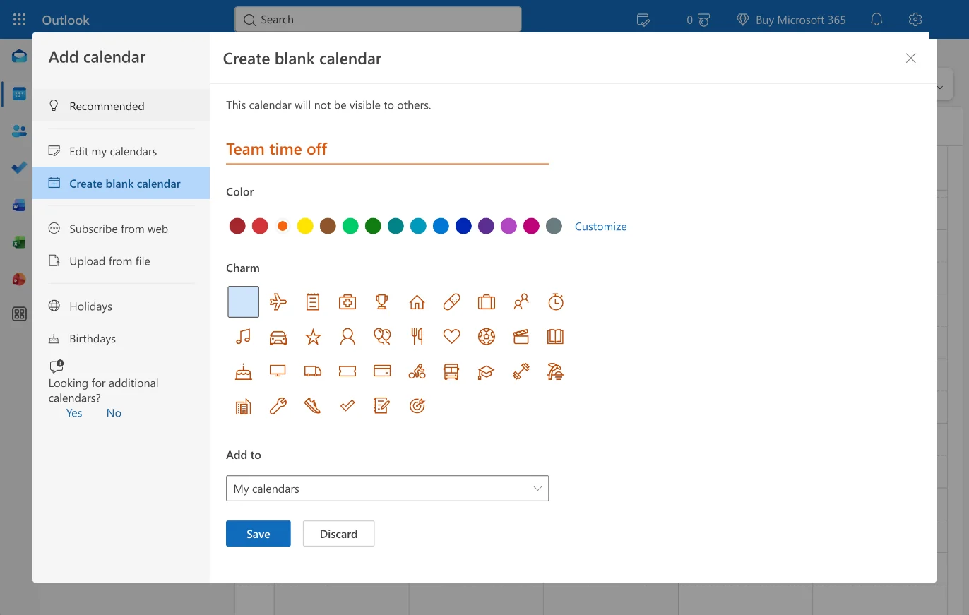 The Create blank calendar dialog in Outlook on the web with “Team time off” typed as the calendar name, an orange color selected, a grid of charm icons, Add to set to My calendars, and Save and Discard buttons.