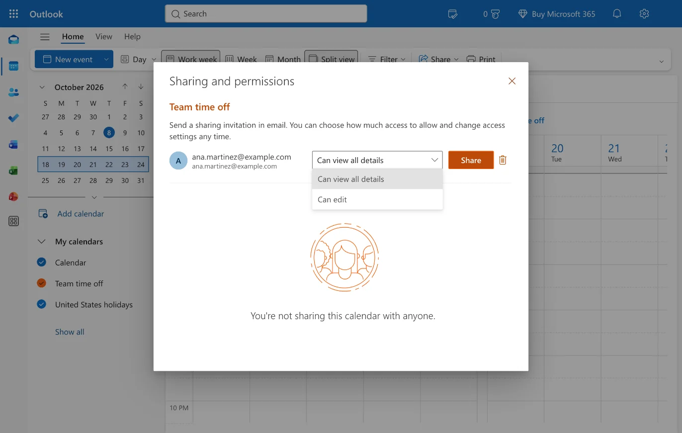 The Sharing and permissions dialog for the Team time off calendar in Outlook on the web, with a teammate's email entered and the permission dropdown open showing Can view all details and Can edit.