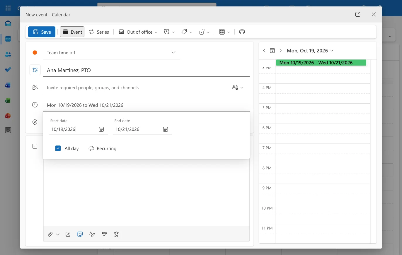 The New event form in Outlook on the web with Team time off chosen as the calendar, the title “Ana Martinez, PTO”, the dates 10/19/2026 to 10/21/2026, the All day box ticked, and Out of office selected in the toolbar's show-as dropdown.