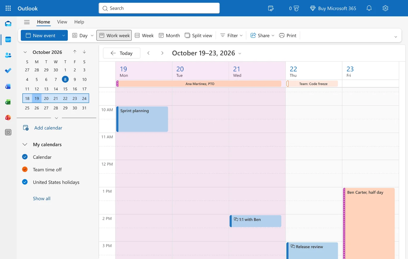 Work week view for October 19 to 23, 2026 with three calendars ticked: the personal Calendar's meetings “Sprint planning”, “1:1 with Ben” and “Release review” in blue, and the Team time off entries “Ana Martinez, PTO”, “Team: Code freeze” and “Ben Carter, half day” in orange.