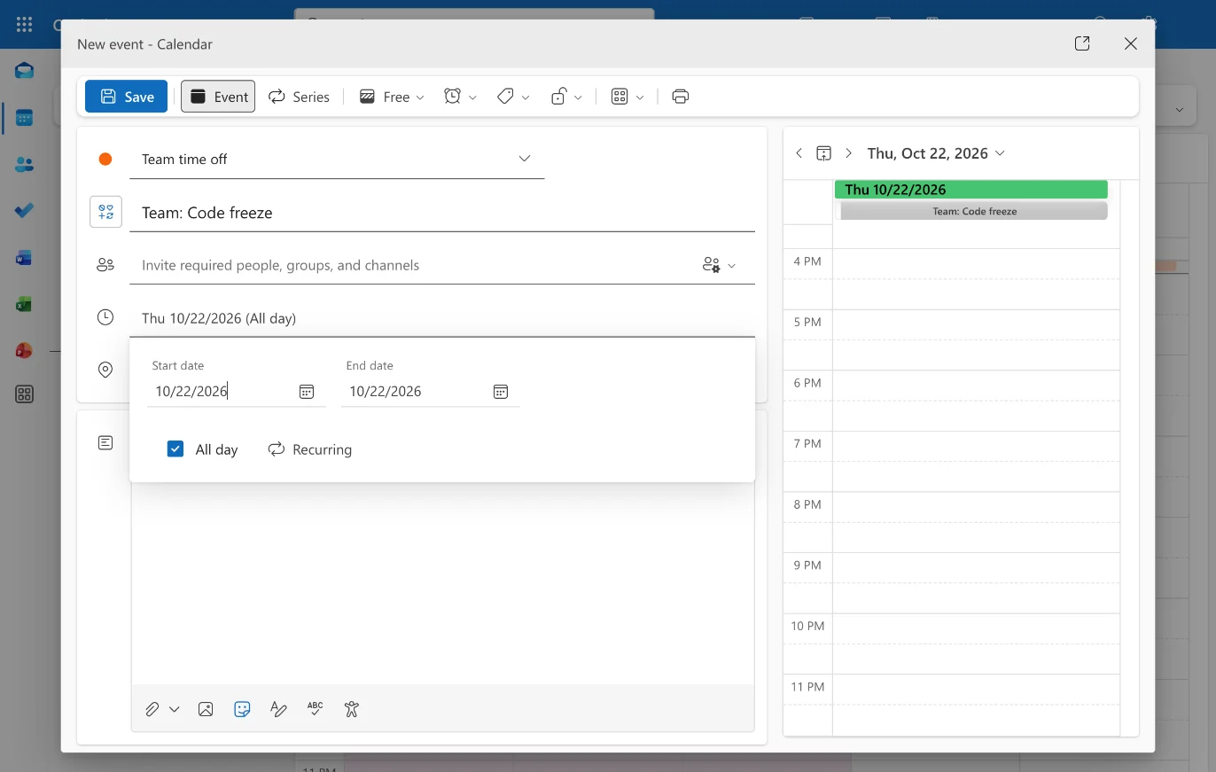 The New event form in Outlook on the web with Team time off as the calendar, the title “Team: Code freeze”, 10/22/2026 as the date, All day ticked, and Free selected in the show-as dropdown.