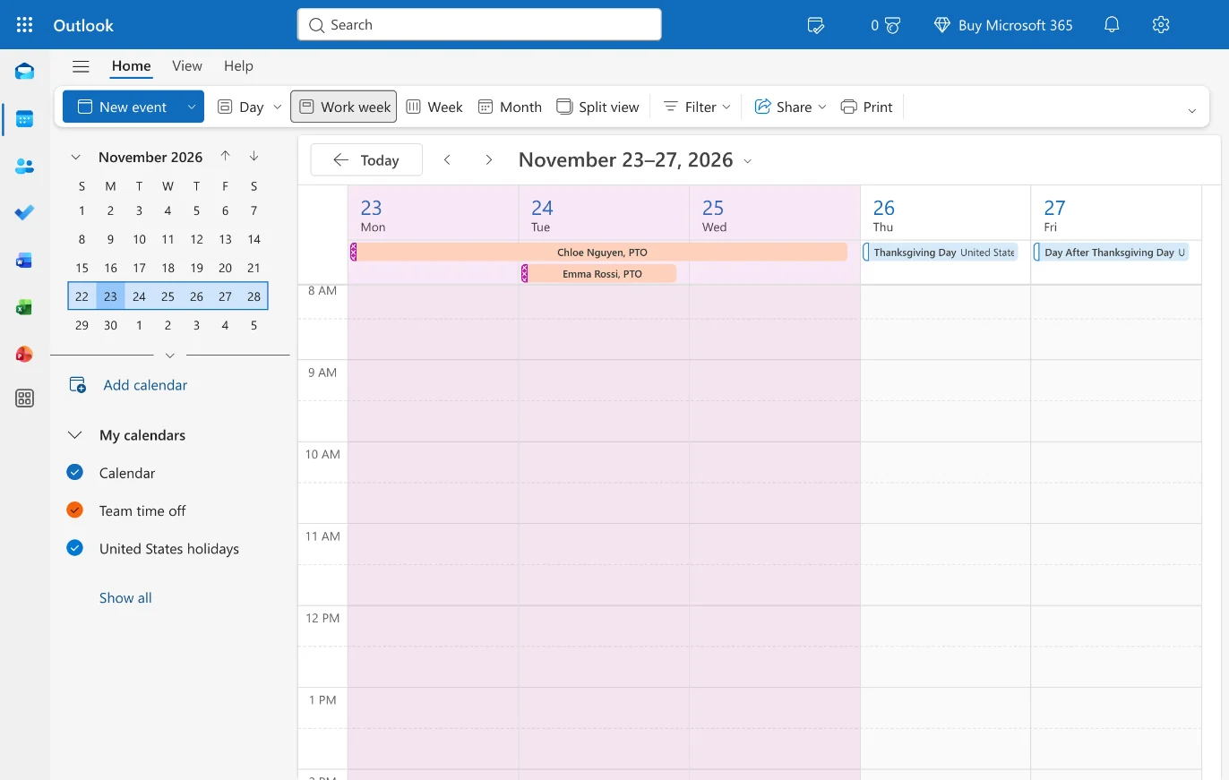 Work week view for November 23 to 27, 2026 with Thanksgiving Day and Day After Thanksgiving Day from the United States holidays calendar on Thursday and Friday, next to “Chloe Nguyen, PTO” Monday to Wednesday and “Emma Rossi, PTO” on Tuesday from the Team time off calendar.