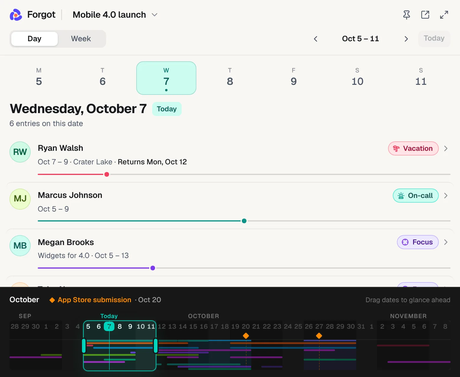 The Forgot glance under the Mac menu bar: Wednesday, October 7, Ryan Walsh on vacation until Mon, Oct 12, Marcus Johnson on call, Megan Brooks on Widgets for 4.0