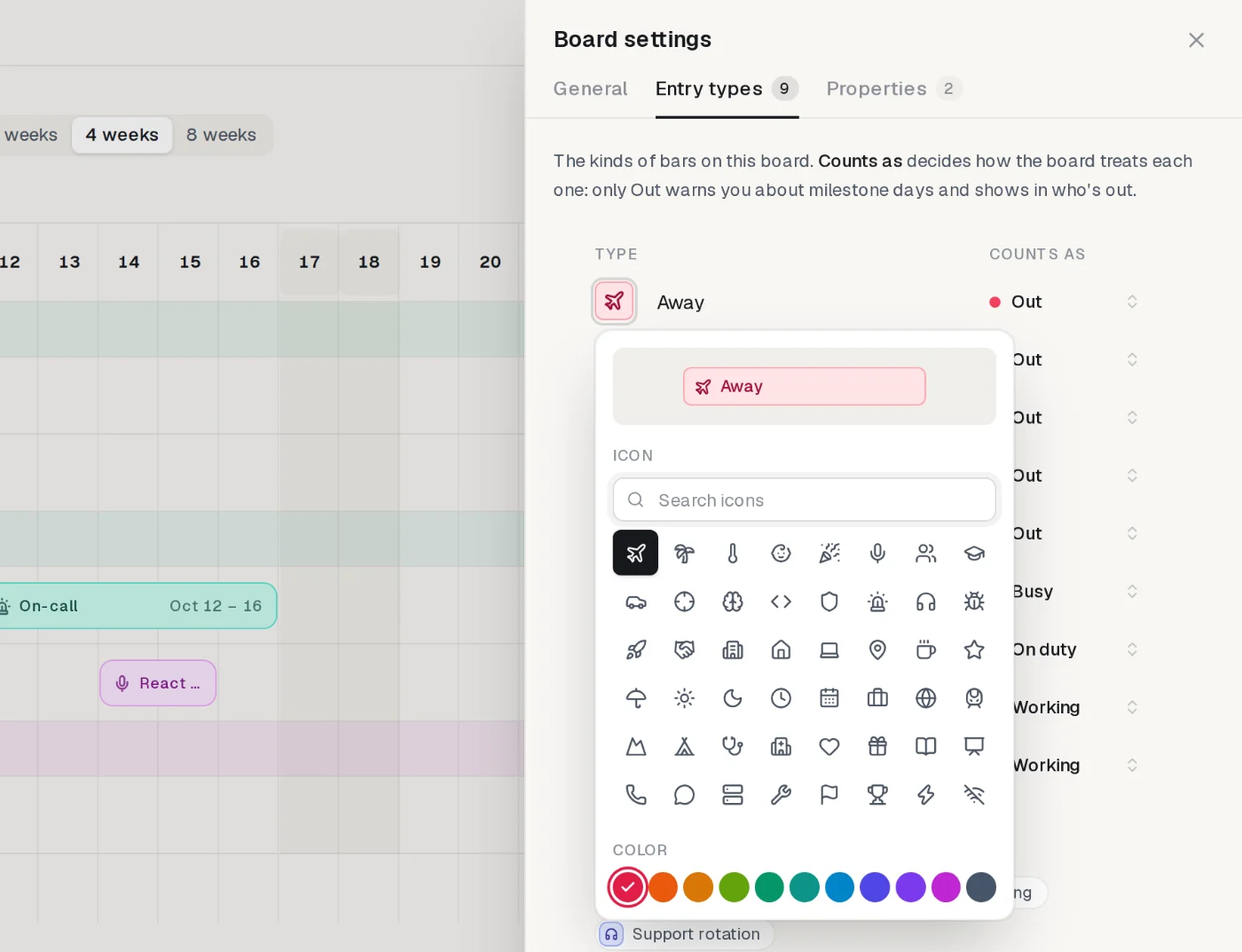 Board settings with the icon picker floating over the list of entry types